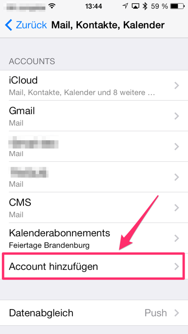 Systemeinstellungen » Mail, Kontakte, Kalender » Account hinzufügen