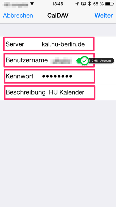 Systemeinstellungen » Mail, Kontakte, Kalender » Account hinzufügen » andere » CalDAV Account hinzufügen » Daten eingeben