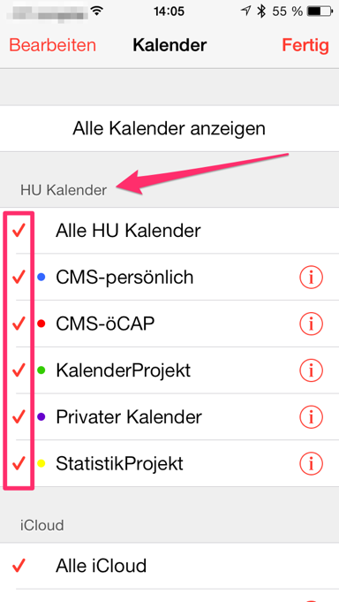 Kalender-App » anzuzeigende Kalender wählen