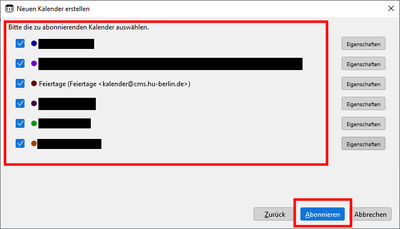 zu abonnierende Kalender auswählen