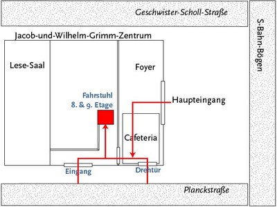 Wegbeschreibung im Erdgeschoss zum Fahrstuhl