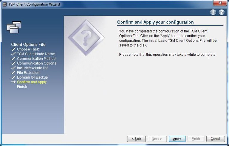 Windows TSM-Client Konfiguration - Confirm and Apply Configuration