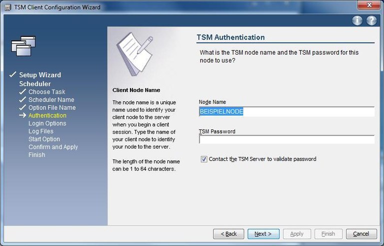 Windows TSM-Client Konfiguration - Scheduler Authentication