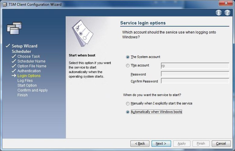 Windows TSM-Client Konfiguration - Scheduler Service Login Options