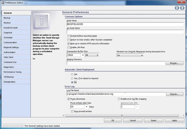 Windows TSM-Client Konfiguration - General Preferences